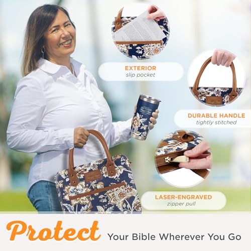 Christian Art Gifts Fashion Vegan Leather Purse Style Bible Cover Case for Women: All Things Through Christ Gold Inspirational Scripture, Pen Loops, Two Handles, Pockets, Navy & Brown Floral, XL - size: Extra Large