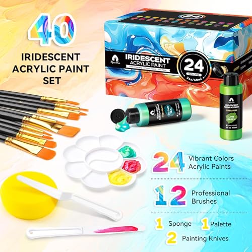40 Pcs Iridescent Acrylic Paint Set with 12 Brushes, 2 Knives & Palette, 24 Colors (2oz/60ml) - for Adults, Artists & Beginners - Canvas Ceramic Rock Wood Egg Painting Kit - color: Iridescent, size: 2 Fl Oz (Pack of 24)
