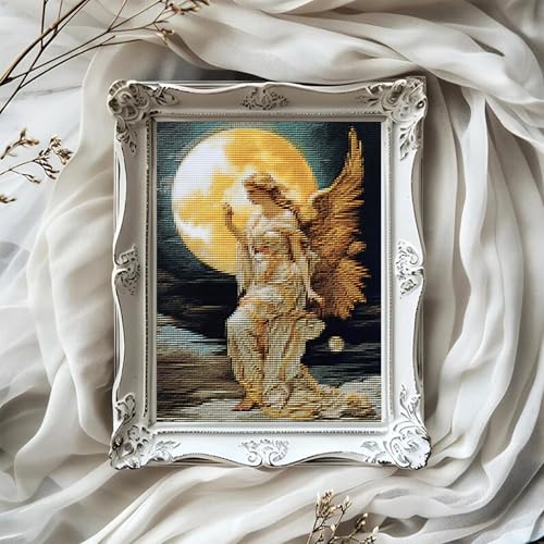 KFBXZIP Gold Moon Angel Woman 11CT Cross Stitch Kits for Beginners Color Printed Stamped Cross Stitch Supplies Needlework Printed Embroidery Kits DIY Kits Needlepoint Starter Kits, 12x16 inch