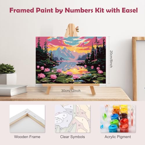 MOGTAA Landscape Paint by Numbers Kit for Adults Beginners with Frame, Flowers Lake Adult Paint by Number Kits on Canvas with Easel, Easy DIY Sunset Oil Painting Kits for Home Decor, 8x12in - color: Landscape