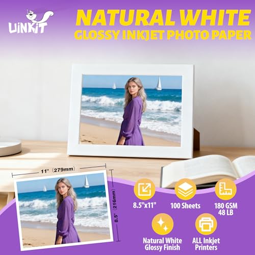Uinkit White Glossy 8.5x11 Inkjet Photo Paper 180GSM 48lb 8.5Mil 100 Sheets Letter Size Instant Dry for All Inkjet Printers - size: 8.5x11x100, style: White Glossy