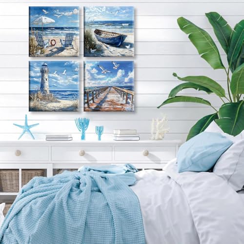 Clendo 4 Pack Beach Paint by Numbers Kit for Adults Beginners Framed - DIY Coast Adults Paint by Numbers Kits on Canvas, Small Easy Acrylic Oil Painting for Home Wall Decor (8 x 8 Inch) - color: 4P-BKH2167-BKH2170