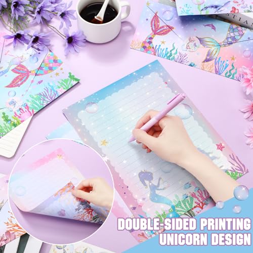 TaoBary 160 Pcs Stationery Paper Set 50 Double Sided Stationery Papers with 50 Matching Envelopes and 60 Round Dot Sticker, 10 Design(Mermaid,8.5 x 11 Inch) - size: 8.5 x 11 Inch, style: Mermaid