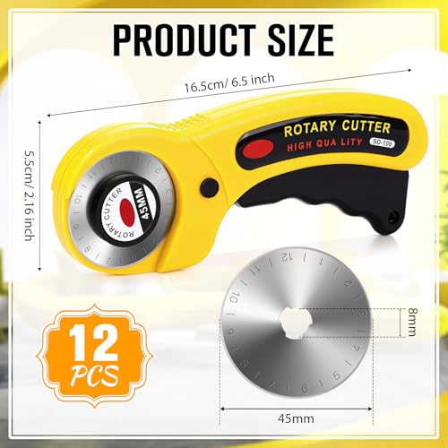 Lothee 12 Set 45mm Rotary Cutter for Fabric, Ergonomic Handle Rolling Cutter with Safety Lock for Fabric, Sewing, Quilting, Cloth, Paper, Leather, Arts Crafts Dressmaking (Yellow) - color: Yellow