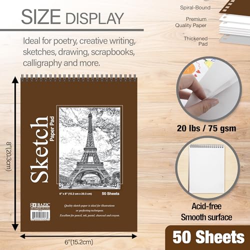 BAZIC Sketch Pad 50 Sheet 6" X 8", Top Bound Spiral Sketchbook Drawing Pads, Sketching Paper Coloring Book for Artist Kids School, 1-Pack | 50-sheet spiral sketch pad, Smooth drawing paper for sketching, Shading, For school and craft projects - color: 50