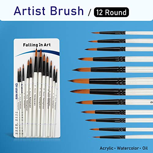 Falling in Art 12 PCS Professional Round Paint Brushes Set | Artist Brushes for Watercolor, Oil Painting, Acrylic, Face Body Nail Art, Crafts, Rock Painting - size: 12 Pcs Round Nylon