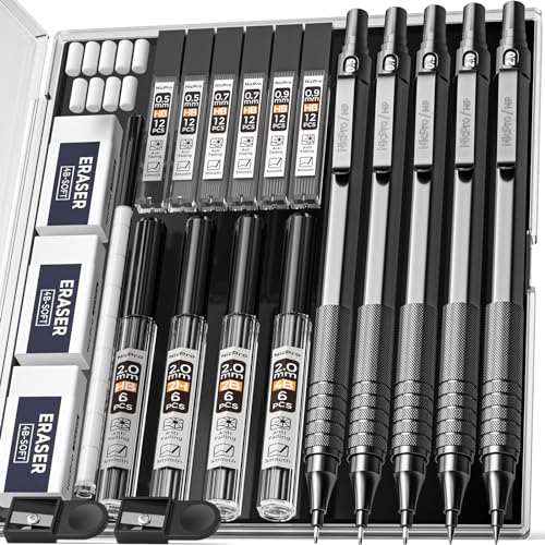 Nicpro 22PCS Black Art Mechanical Pencils Set + 3 PCS Metal Drafting Pencil 0.7mm