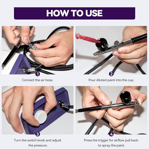50PSI Dual Action Airbrush Kit with Compressor 0.2/0.4/0.5mm Nozzle Set | Non-clogging with 0.2/0.4/0.5mm nozzles & cleaning set. Dual-action brush for cake decor, makeup, nails & DIY – versatile!
