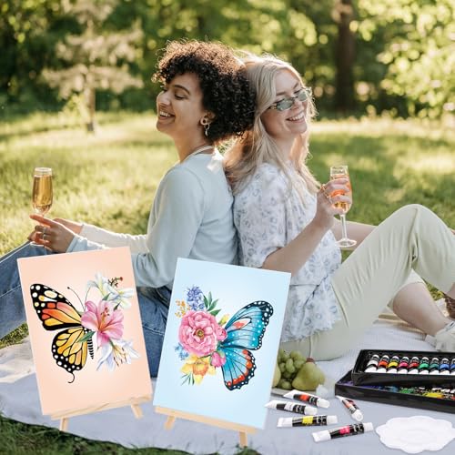 Cholemy 36 Pcs Paint and Sip Kit Gift for Adults 8''x10'',Butterfly | Pre Drawn Canvas, Painting DIY Afro Acrylic Painting Kit, Wood Easel Brushes, Date Night Bulk, Summer Halloween Party - style: Butterfly