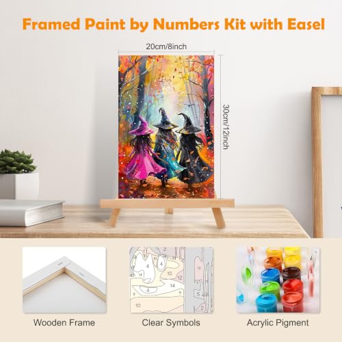 MOGTAA Halloween Paint by Numbers Kit for Adults Beginners with Frame, Witch Adult Paint by Number Kits on Canvas with Easel, Easy DIY Landscape Oil Painting Kits for Home Decor, 8x12in - color: Witch