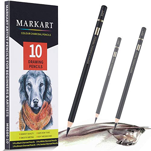 MARKART 10 Pack Professional Charcoal Pencils for Drawing | Black & White Charcoal Pencils for Sketching, Shading, Blending, Portrait, Pastel Chalk Pencils for Beginners & Artists