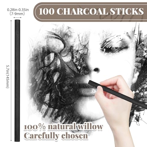 Gueevin 100 Pcs Soft Willow Charcoal Sticks Drawing,7-9mm | For Artists Beginners Students, Vine Charcoal Bulk for Sketching Shading Fine Art, Assorted Sizes, Back to School Gifts - size: 7-9mm