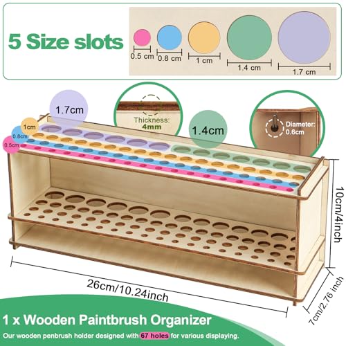 Wooden Paint Brush Holder Artist Brush Holder 67 Hole Paintbrush Holder Desktop Organizer Wood Paint Brush Rack for Pens Pencils and Art Tools