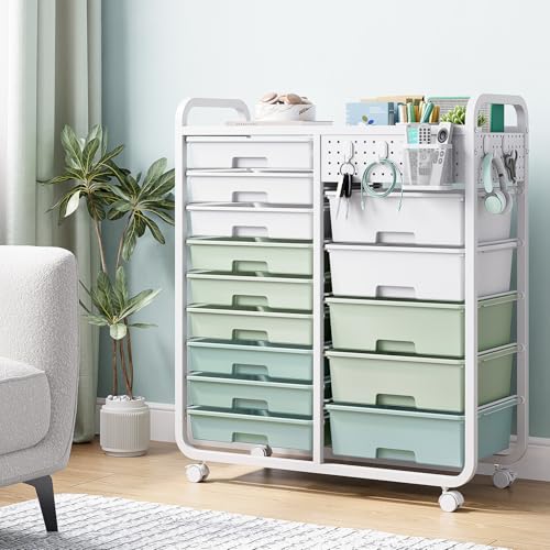SYKIARIOL 14 Drawer Rolling Cart with Tabletop & DIY Pegboard, Storage Cart with Wheels, Classroom Organizers Utility Cart for Office Home School, Art Supplies, Mobile Craft Organizer, Green