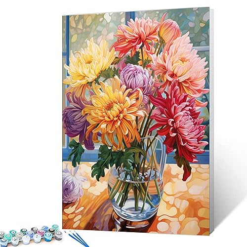 Tucocoo Persian Chrysanthemum in Vase DIY Paint by Numbers for Adults Flowers in Vase DIY Oil Painting Painting Kits Canvas with Acrylic Paints Flowers Floral Art 16x20 Inch (Without Frame ) - color: Flower in Vase 05, size: 16''x20''(Frameless)