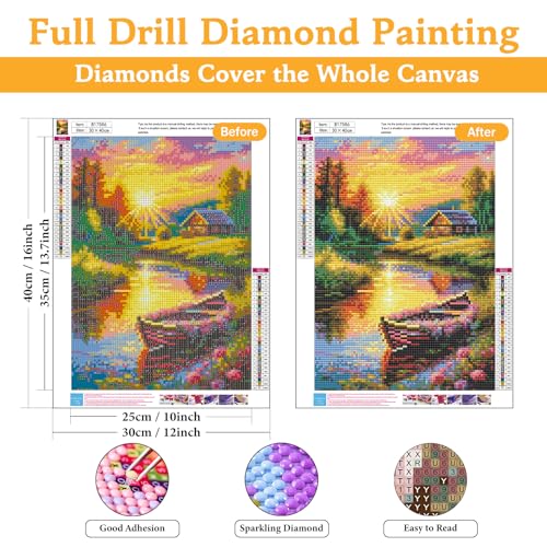 Diamond Art Kits for Adults & Beginners, Sunset Diamond Painting Kit | 5D Full Drill Gem Art with Countryside Riverside Cabin, Round Diamond Dots, Home Wall Decor & Gift, 12 x 16 Inch - color: HMDPUS-25906