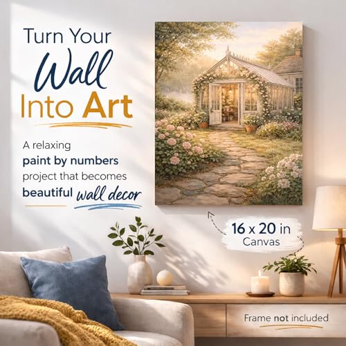Quelvyn Garden Greenhouse Paint by Numbers Kit for Adults, DIY Floral Conservatory Cottage Painting on Rolled Canvas 16x20 Inch, Beginner Art Romantic Garden Wall Decor, Gift for Flower Lovers