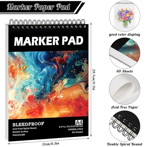 120lb/200gsm Marker Paper Pad 8.3 × 11.7in, 60 Sheets, Spiral Sketchbook - size: 8.3×11.7 Inch (60 Sheets )