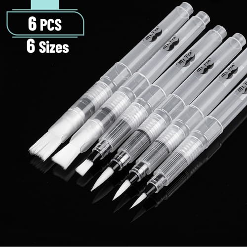 Mr. Pen- Watercolor Brush Pens, 6 pcs | 3 x Point Tips and 3 x Flat Tips Styles, Nylon Bristles, Refillable Watercolor Pens for Acrylic, Gouache, Crayons