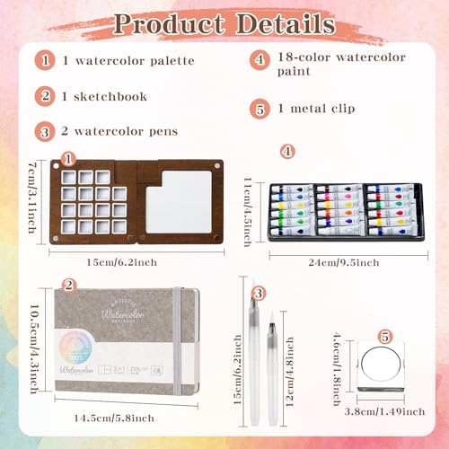 Mini Watercolor Paint Set - Mini Travel Watercolor Palette Set, Pocket Water Color Paint Palette Kit with 18 Colours, Sketchbook, Pens, Wooden Paints Box for Painters Artists - color: Walnut 15 Grids