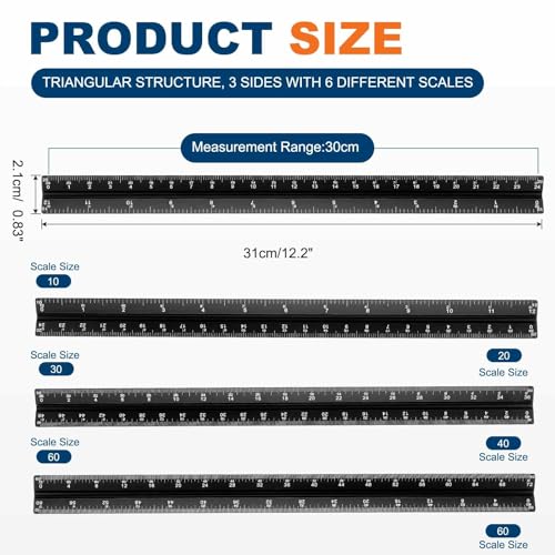 HARFINGTON 2 Pcs Architectural Scale Ruler, 12 Inch Standard Aluminum Alloy Architect Triangular Large Scale Laser-Etched Blueprint Drafting Ruler for Architects Engineers, Black - color: Black, size: 12 Inch
