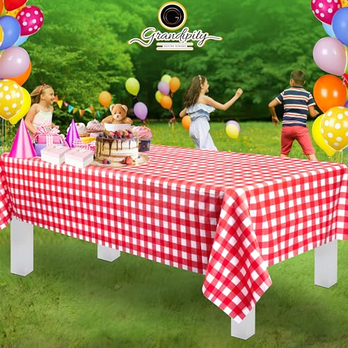 Grandipity Plastic Table Cloth Disposable 12 Pack 54” x 108” Rectangle | Red Gingham Plastic table covers, durable disposable tablecloths, fade and tear-resistent table cover for party, event - color: Red Gingham Checkered, size: 54in. x 108in. Rectangle