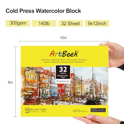ArtBeek Watercolor Paper Block,8" x 10" Watercolor Block 32 Sheets 100% Cotton Cold Press 140lb/300GSM - size: Cold Press 8x10