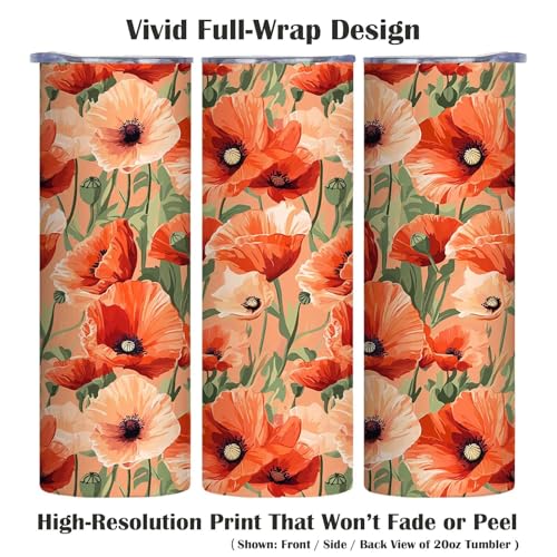 Firmiso 20 oz Tumbler | Skinny Insulated Travel Mug with Leak-proof Lid and Telescopic Straw | Poppy Floral Stainless Steel Coffee Cup for Hot & Cold Drinks | Christmas Gifts for Women and Men - color: Poppy Floral