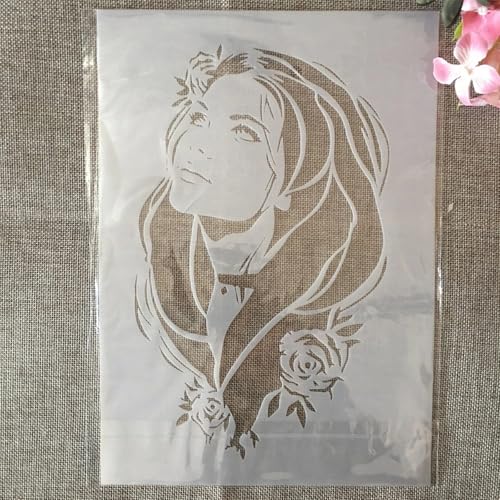 TIAMECH A4 Reusable Woman Long Flowing Hair Stencil for Painting | Rose Foliage Layering Template, DIY Wall Art, Wood Furniture, Scrapbook & Crafts (8.3x11.7inch) - style: Woman Long Flowing Hair