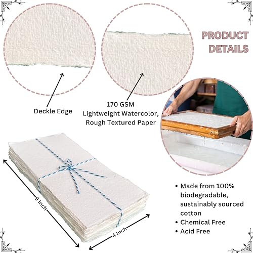 Bitskit 170 GSM Handmade Cotton Deckle Edge Paper – Lightweight, Textured Sheets for Invitations, Stationery, Journals, and Art Projects (Pack of 50) (4 x 9 inch) - size: 4 x 9 inch