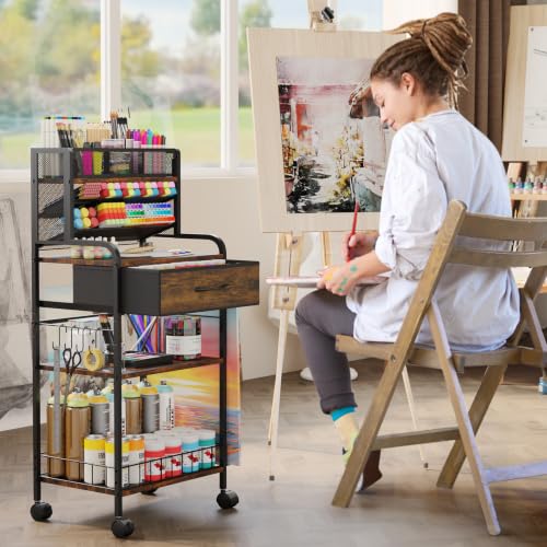 Art cart, 3 Tier Rolling Cart - Utility Cart with Storage Drawer and Wheels, Versatile Art & Craft Organizer for Home, Office, or Studio Ideal for Storing Brushes, Paints (Brown) - color: Brown