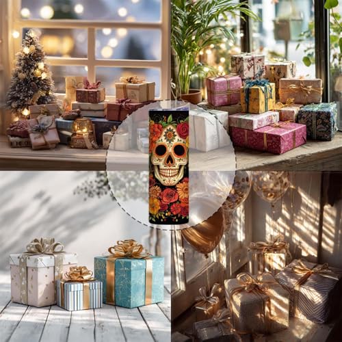 Firmiso 20 oz Tumbler|Skinny Insulated Travel Mug|Sugar Skull Floral Design Stainless Steel Cup with Lid and Telescopic Straw|Gothic Boho Drinkware|Day of the Dead Gift Idea for Women and Men - color: Sugar Skull