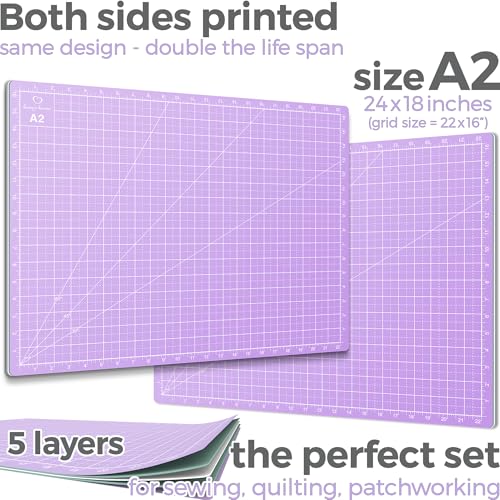 Rotary Cutter Set lavender - Quilting Kit incl. 45mm Rotary Cutter, 5 Replacement Blades, A2 Cutting Mat, Acrylic Ruler and Craft Clips - Ideal for Crafting, Sewing, Patchworking, Crochet & Knitting - color: Lavender, size: A2 (24" x 18")