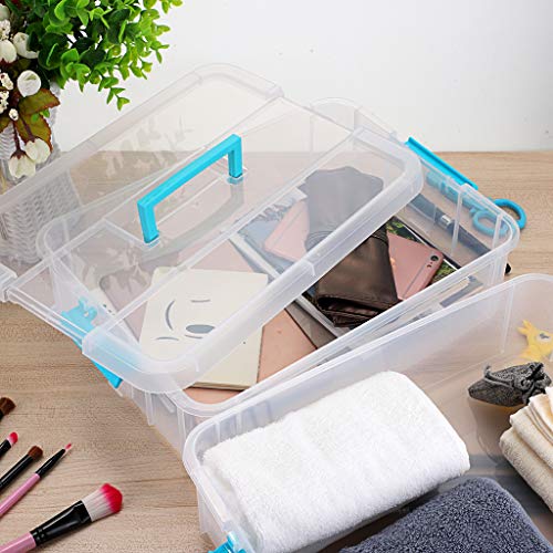 JUXYES 2-Tiers Plastic Stack Carry Storage Containers Box wih Handle Lids - color: Blue