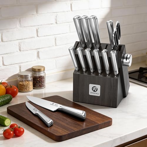 imarku Japanese High Carbon Stainless Steel Knife Set with Block, Precision-Forged Gyutou Kitchen Knives with Built-in Sharpener, Ultra-Sharp 10–15° Edge, Ergonomic Non-Slip Handle, Dishwasher Safe | Precision-forged high carbon stainless steel knives wit