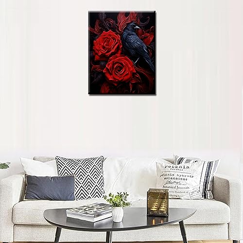 Tucocoo Red Rose and Raven DIY Paint by Number for Adults Beginners Delicate Flowers Painting by Number on Canvas with Brushes and Acrylic Pigment Dark Style Easy to Paint with Frame 16 x 20inch - color: Artwork-04, size: 16''x20''(DIY Frame)