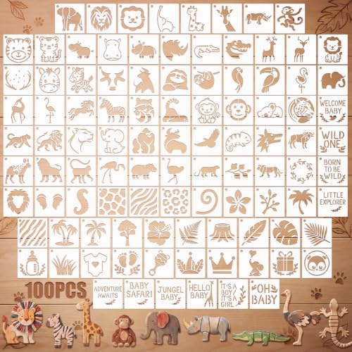 Fainne 100 Pcs 1.5 Inch Safari Theme Small Stencils for Crafts | Reusable Painting Stencils Painting Crafts Templates, Lion Elephant Giraffe Zebra Monkey Jungle Designs for DIY Craft Decor - style: Safari