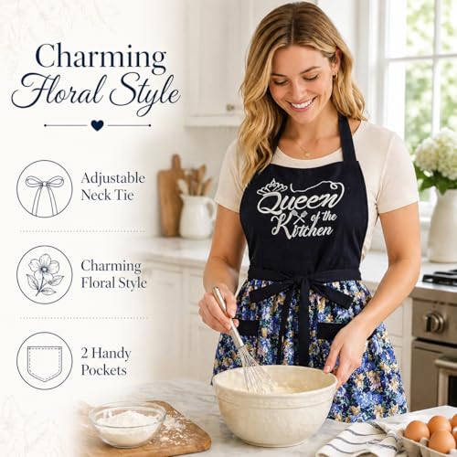 Cute Floral Apron for Women with Pockets, Cotton, Adjustable Straps - color: Navy Blue
