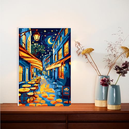 Lxmsja Street Café Paint by Numbers Kit for Adults, Starry Sky Acrylic Paint by Numbers for Adults Beginner, DIY Craft Supplies Oil Painting Kits for Home Wall Decor 8x12 inch (Framed) - color: yellow#106
