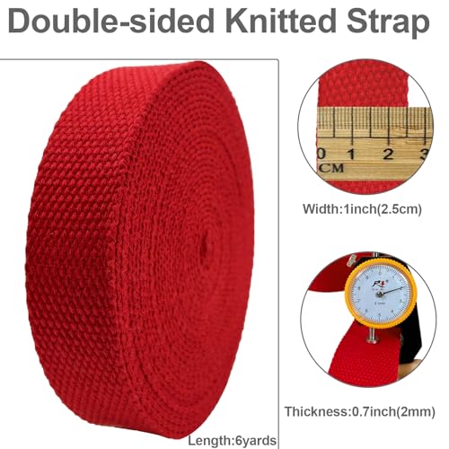Red Heavy‑Duty Cotton Webbing Strap 1''x6yds for Bags | 2mm thick webbing for dog collars, backpack, bag handles, apron straps, slings, sewing repairs & DIY craft projects. - color: Red