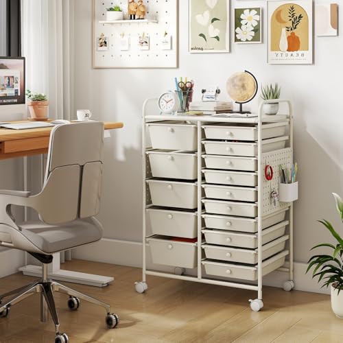 Giantex 15 Drawer Storage Cart, Rolling Craft Cart with Metal Tabletop & Pegboard, Mobile Utility Organizer Trolley with Locking Wheels, Home Office, Classroom, Teacher Supplies, Ivory - color: Ivory, size: 15 Drawer-25"x14.5"x34.5"