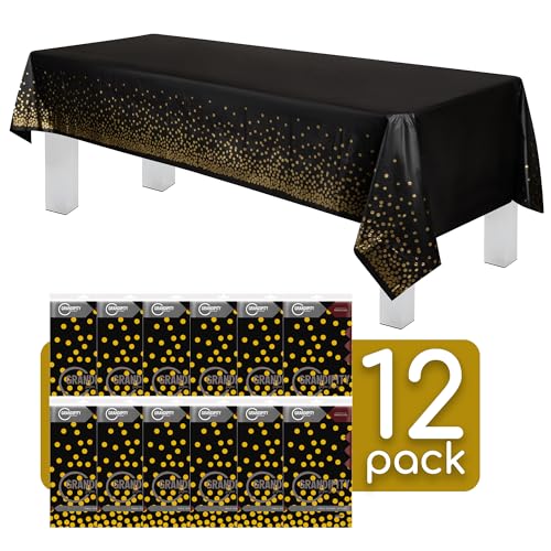 Grandipity Gold Dot on Black 12 Pack Premium Disposable Plastic Tablecloth 54 Inch x 108 Inch. Decorative Rectangle Table Cover - color: Gold Confetti Black, size: 54" x 108" - 12 Pack
