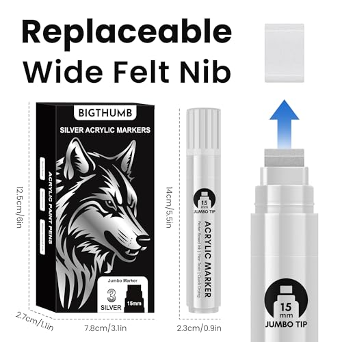BIGTHUMB 3 Pcs Silver Jumbo Permanent Markers: 15mm Wide Tip Thick Acrylic Paint Pen Large Calligraphy Marker for Rock Painting, Poster, Sign, Canvas, Glass, Wood, Ceramic - color: Silver