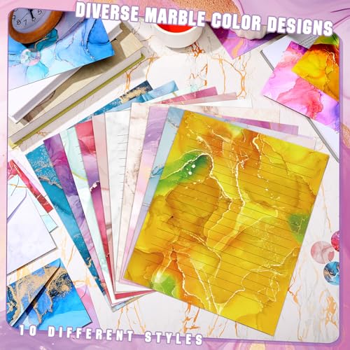 TaoBary 160 Pcs Stationery Paper Set 50 Double Sided Stationery Papers with 50 Matching Envelopes and 60 Round Dot Sticker, 10 Design(Marble,8.5 x 11 Inch) - size: 8.5 x 11 Inch, style: Marble