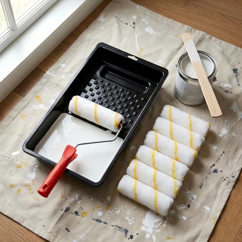 Paint Roller Kit 10 Piece, 4 Inch Microfiber Paint Roller Frame with Mini Plastic Paint Tray, House Painting Supplies, High Absorbency, Reusable & Easy to Clean
