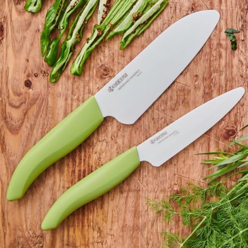 KYOCERA Revolution 2-Pc Ceramic Knife Set: 5.5” Santoku & 4.5” Utility | KYOCERA Revolution Ceramic Knife Duo: 5.5” Santoku & 4.5” Utility Blades for Precise Slicing, Trimming, and Daily Meal Prep - color: White/Green