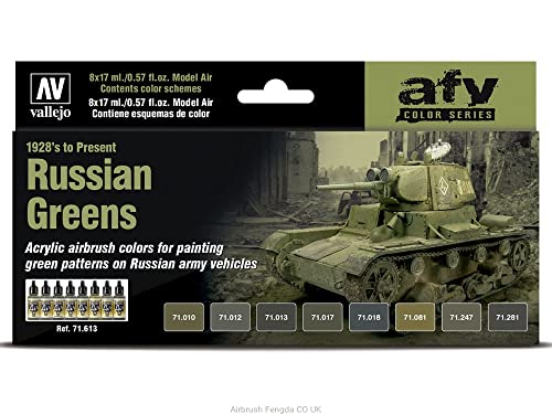 Vallejo - Russian Greens from 1928’s to Present Acrylic Paint Set | Model Air | AFV Color Series Kit for Historical Reenactments with Artist-Quality Pigments | 8 Bottles x 17 ml (0.57 fl.oz.) - style: Russian Greens from 1928’s to Present
