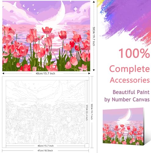 Yunnuo Paint by Numbers Kit for Adults, Tulip Flowers Paint by Number for Beginners, DIY Seaside Scenery Acrylic Number Painting on Canvas, Great Gifts Decor (16 x 20 Inch) - color: C001-Tulip Flowers