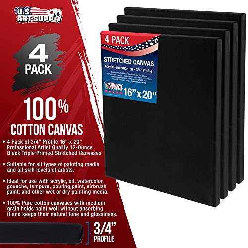 U.S. Art Supply 16x20 inch Black Canvases for Painting, 4 Pack Bulk Stretched Artist Canvas Professional Primed - Ideal for Arts & Crafts, Heavy-Weight Gesso - Acrylic Pouring, Oil Paint - size: 16" x 20"