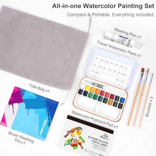 AUREUO Travel Watercolor Set with Gift Box - Small Water Color Kit with18 Classic Color Watercolor Paint Set, Brushes, Watercolor Postcards, Masking Fluid Pen & Tote Bag - color: Classic Kits